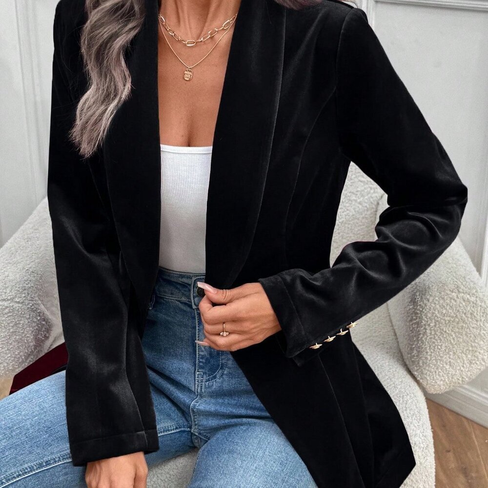 Black Elegant Women's Velvet Blazer - Picture 6 of 8